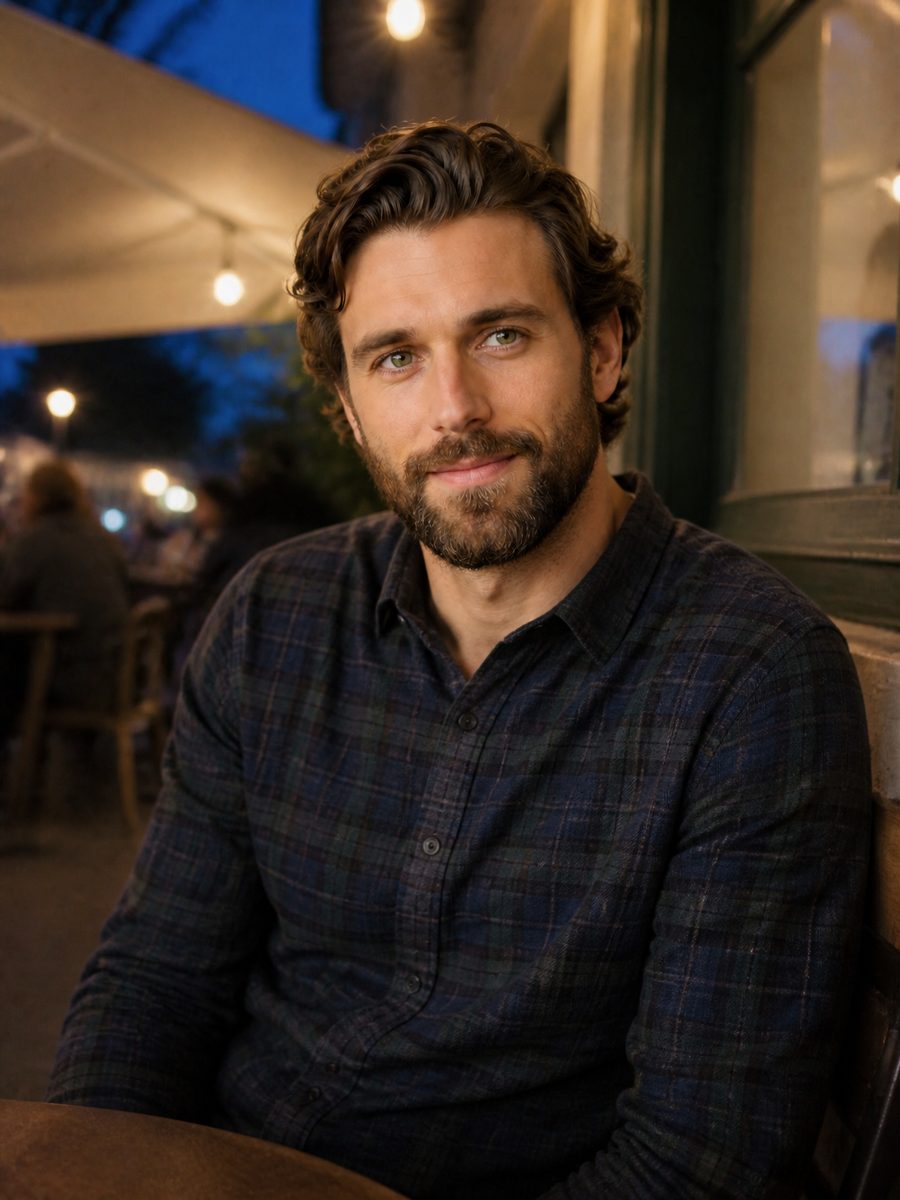 Lincoln Isaac Hunt, a man with wavy brown hair and a beard in a checked shirt, on a café terrace in the evening